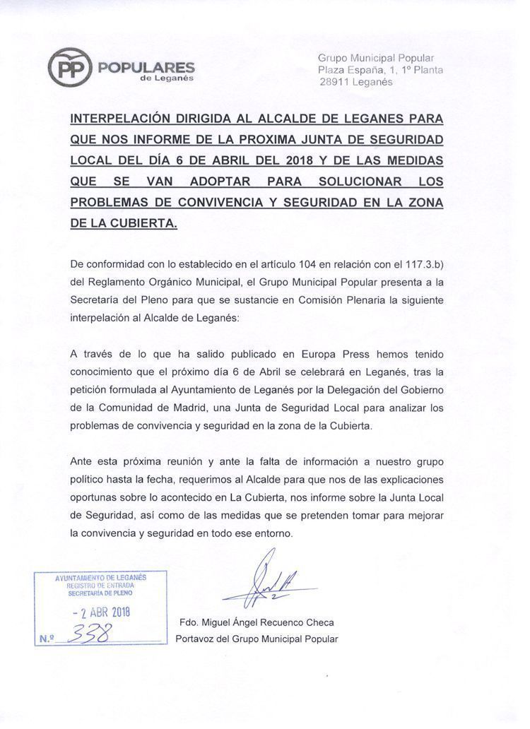 Interpelación Alcalde sobre inseguridad en La Cubierta