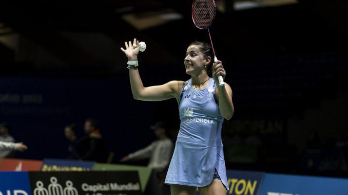 La española Carolina Marín durante su encuentro ante la ucraniana Mariya Ulitina de octavos de final del Europeo de Bádminton de Madrid, este miércoles. EFE/Rodrigo Jiménez
