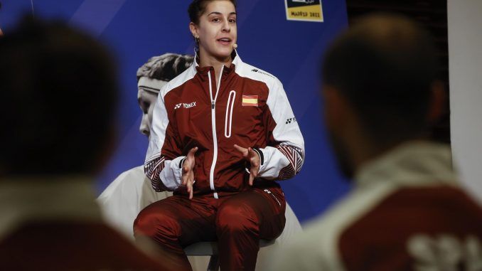 La jugadora de bádminton Carolina Marín durante la presentación de los campeonatos de Europa de bádminton que se disputarán del 25 al 30 de abril en la pista madrileña de Gallur. EFE/Juan Carlos Hidalgo
