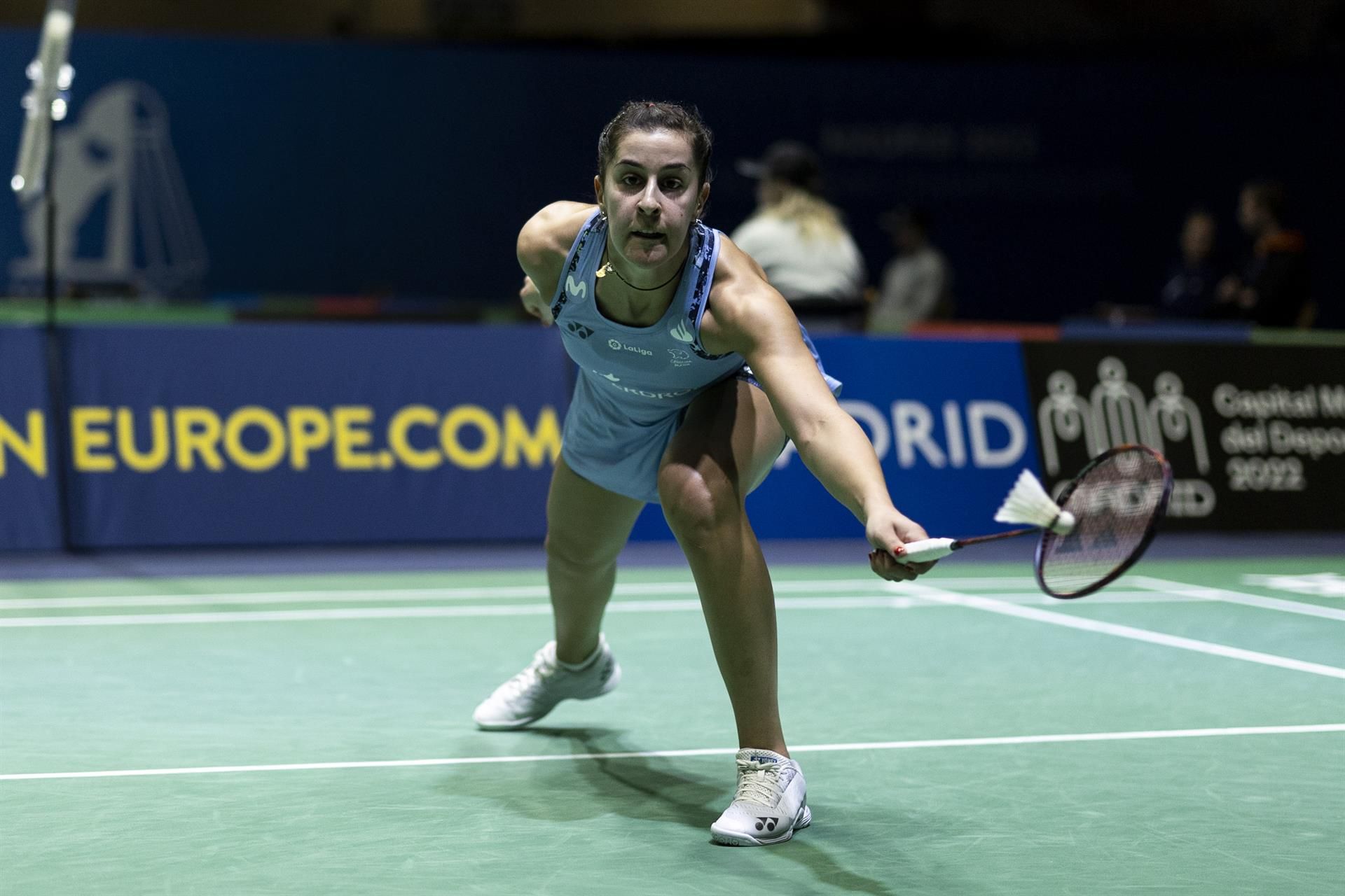 La española Carolina Marín durante su encuentro ante la ucraniana Mariya Ulitina de octavos de final del Europeo de Bádminton de Madrid, este miércoles. EFE/Rodrigo Jiménez
