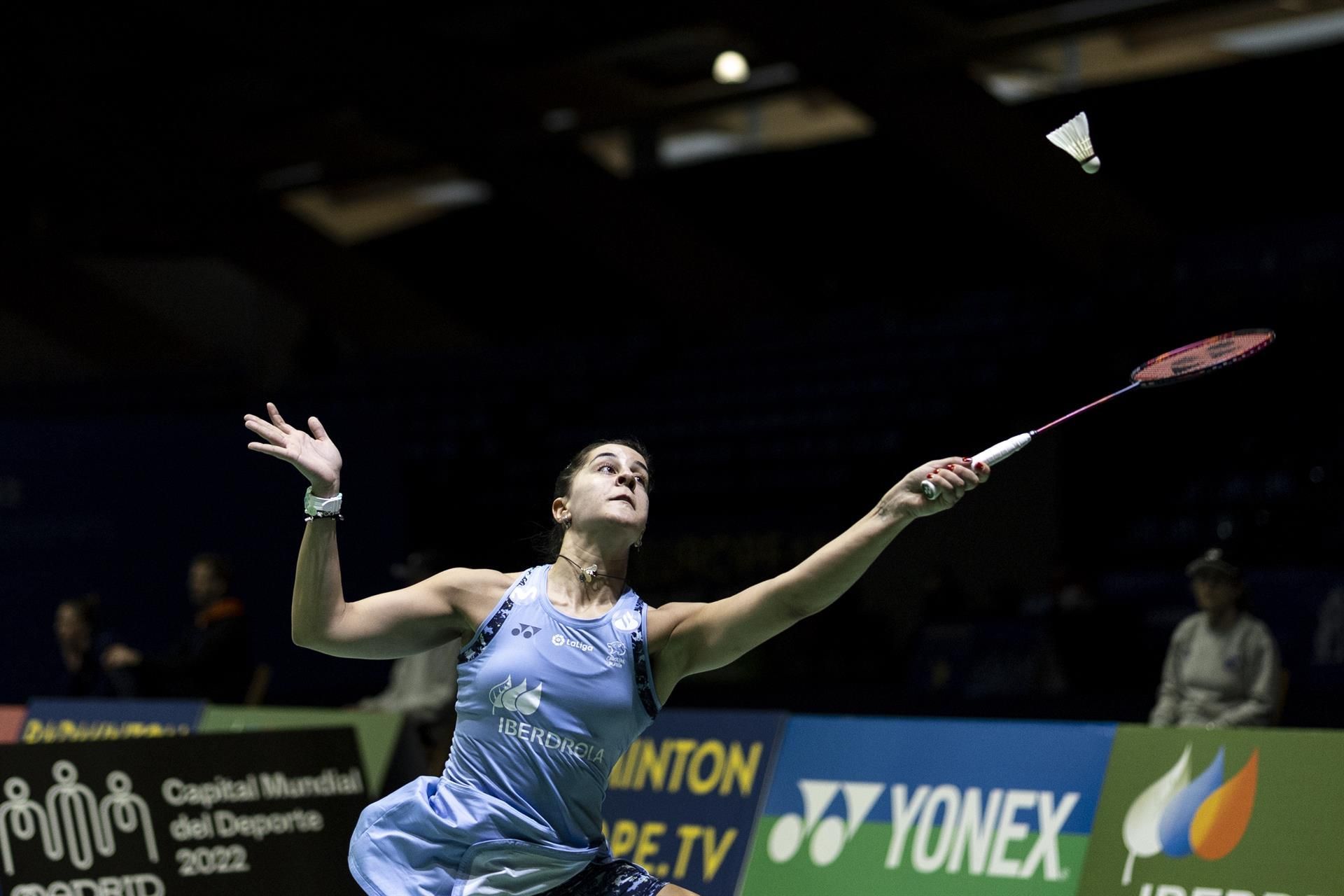 La española Carolina Marín durante su encuentro ante la ucraniana Mariya Ulitina de octavos de final del Europeo de Bádminton de Madrid, este miércoles. EFE/Rodrigo Jiménez
