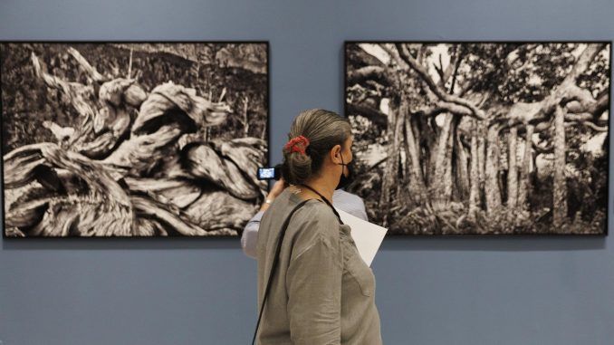 Una mujer visita la exposición "Sebastião Salgado y las Colecciones Reales. Encuentros en torno a la fotografía de paisaje", organizada por Patrimonio Nacional y PHotoEspaña, durante su presentación este viernes en Madrid. EFE/Sergio Pérez
