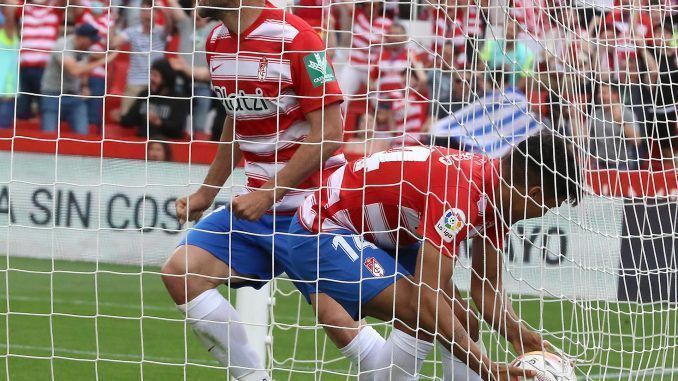 El centrocampista del Granada Luis Milla (i), tras el gol del empate a uno ante el Celta en el Nuevo Los Cármenes. EFE/Pepe Torres
