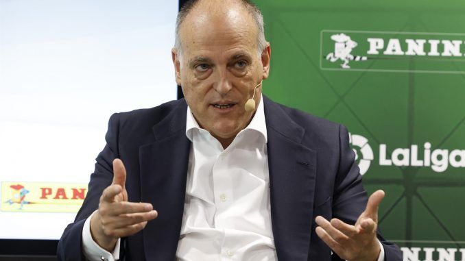 El presidente de LaLiga, Javier Tebas, durante la presentación de la colección de cromos de la Liga española en Madrid. EFE/ J.J. Guillén
