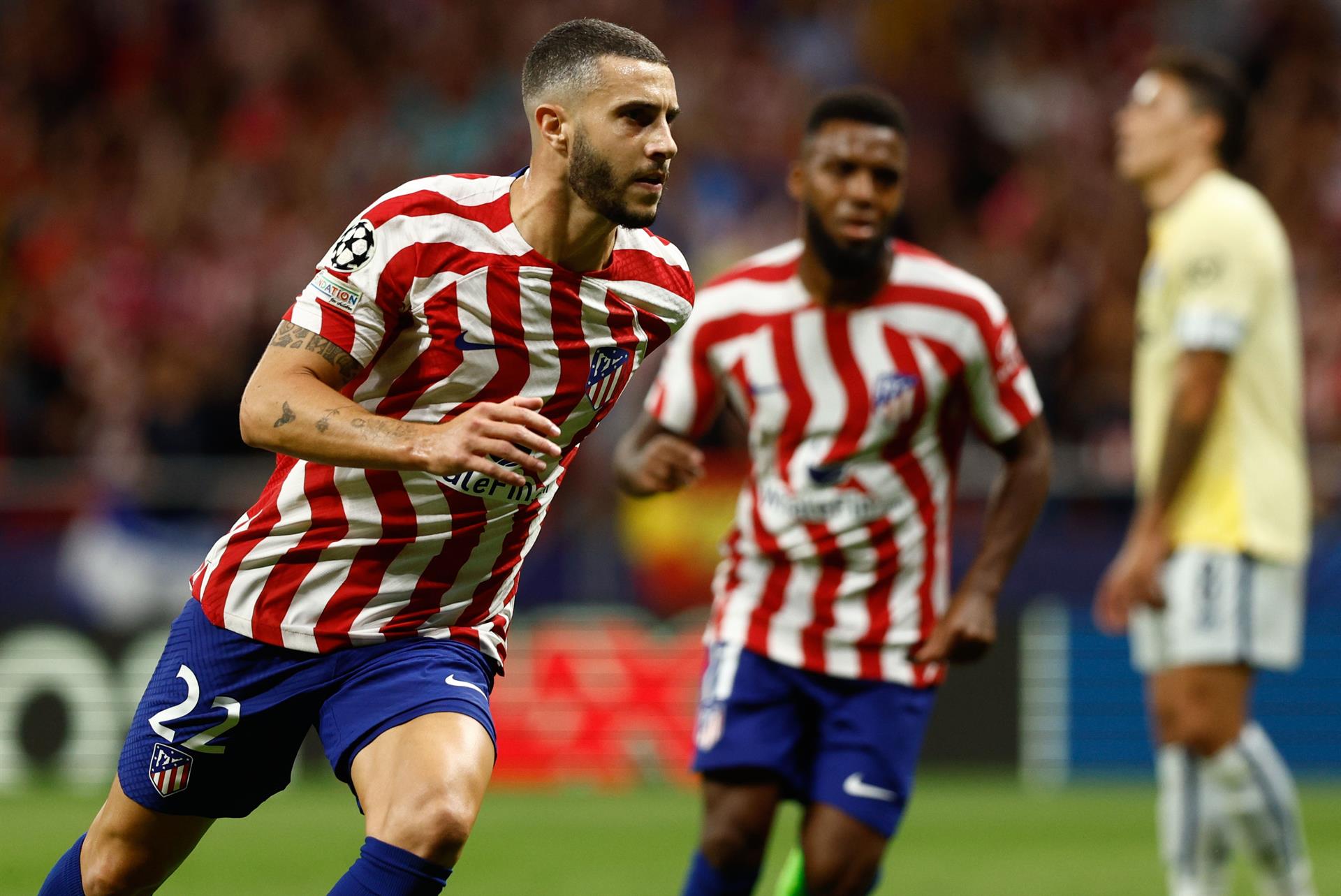 El defensa del Atlético de Madrid Mario Hermoso celebra su gol durante el partido correspondiente al grupo B de la Liga de Campeones de la UEFA que Atlético de Madrid y FC Oporto disputan en el estadio Cívitas Metropolitano de Madrid. EFE/Rodrigo Jimenez
