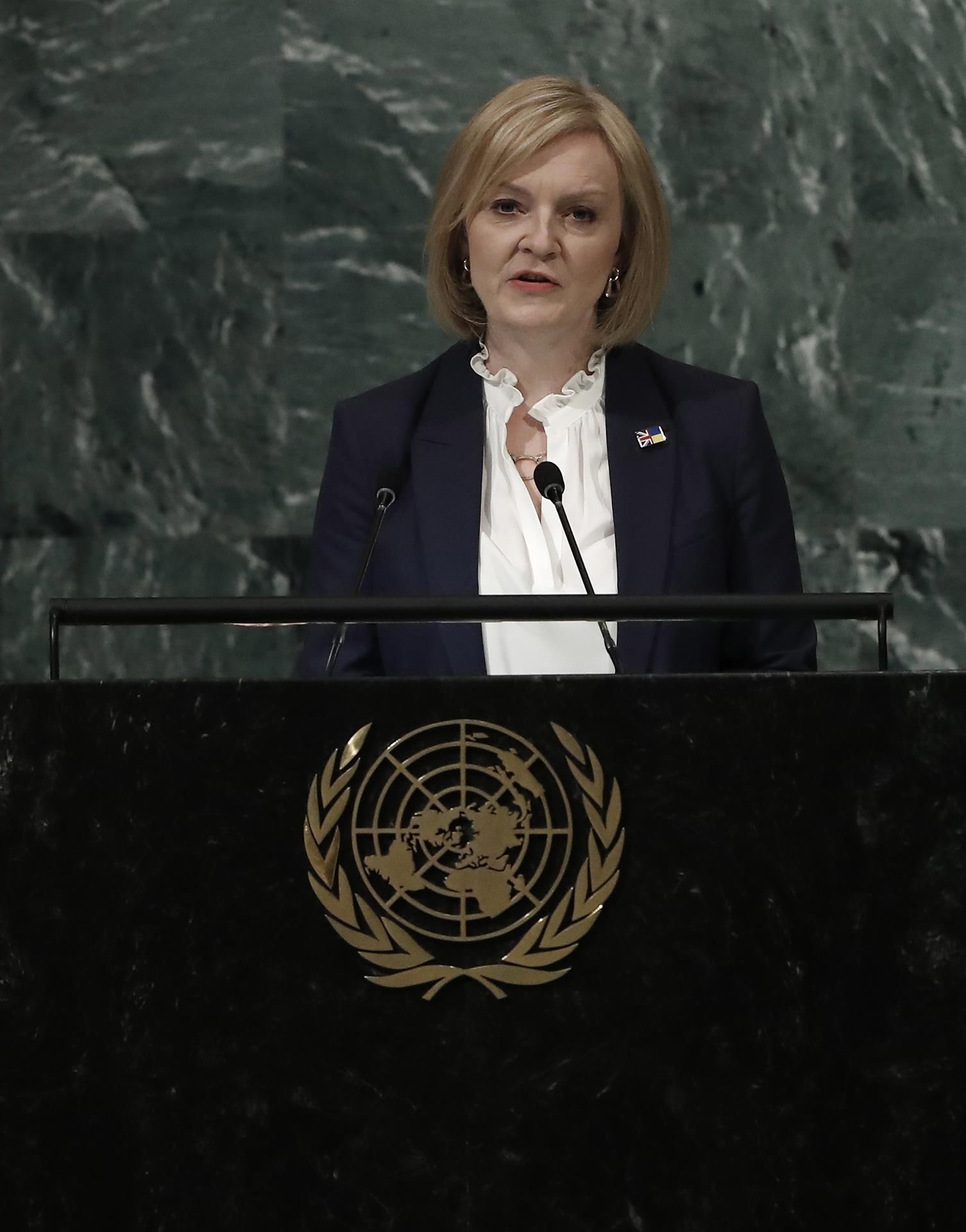 La Primera Ministra británica, Liz Truss, pronuncia su discurso en la Asamblea General de la ONU, el 21 de septiembre de 2022. EFE/EPA/Peter Foley
