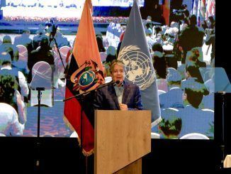 El presidente de Ecuador, Guillermo Lasso, habla durante la inauguración del decimocuarto Foro Ministerial sobre Desarrollo de América Latina y el Caribe, organizado por el Programa de las Naciones Unidas para el Desarrollo (PNUD), hoy, en Cuenca (Ecuador). EFE/ Robert Puglla