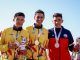 Rodrigo Contreras (i) de Colombia, medalla de plata, Walter Vargas (c) de Colombia, medalla de oro, y José Rodríguez de Chile, bronce, posan en el podio hoy, de la prueba contrarreloj individual masculina en el ciclismo de los Juegos Suramericanos 2022 en Asunción (Paraguay). EFE/Nathalia Aguilar