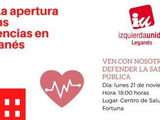 IU Leganés cartel de concentración el 21 de noviembre para la apertura de urgencias