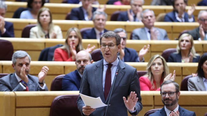 El líder del PP, Alberto Núñez Feijóo, interviene en el pleno del Senado en Madrid este martes. EFE/Kiko Huesca
