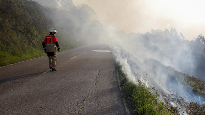 Un bombero observa la columna de humo del incendio registrado la pasada noche en el Monte Naranco de Oviedo, donde tuvieron que ser desalojadas 65 personas de los núcleos de Cuyences y Fitoria. EFE/Juan González.
