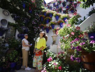 Dos mujeres contemplan uno de los patios premiados el pasado año en la modalidad de 'arquitectura moderna', del Concurso Municipal de los Patios Cordobeses. EFE/Salas