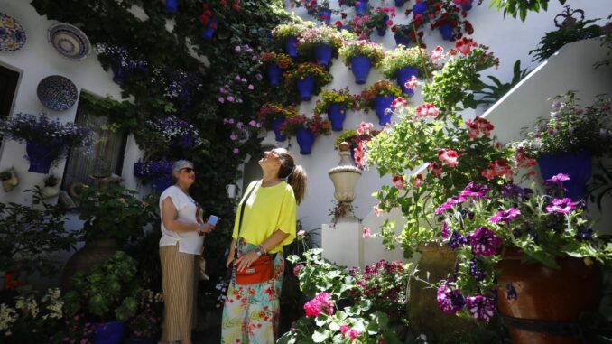 Dos mujeres contemplan uno de los patios premiados el pasado año en la modalidad de 'arquitectura moderna', del Concurso Municipal de los Patios Cordobeses. EFE/Salas
