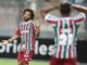 Marcelo (c) de Fluminense reacciona hoy, en un partido de la fase de grupos de la Copa Libertadores entre Sporting Cristal y Fluminense en el estadio Nacional en Lima (Perú). EFE/ Paolo Aguilar