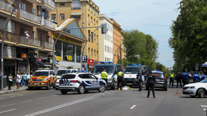 Agentes de la Policía Nacional y de la Guardia Civil, en el paseo de la Extremadura en Madrid, donde este jueves murieron dos personas atropelladas, EFE/ Zipi Aragón
