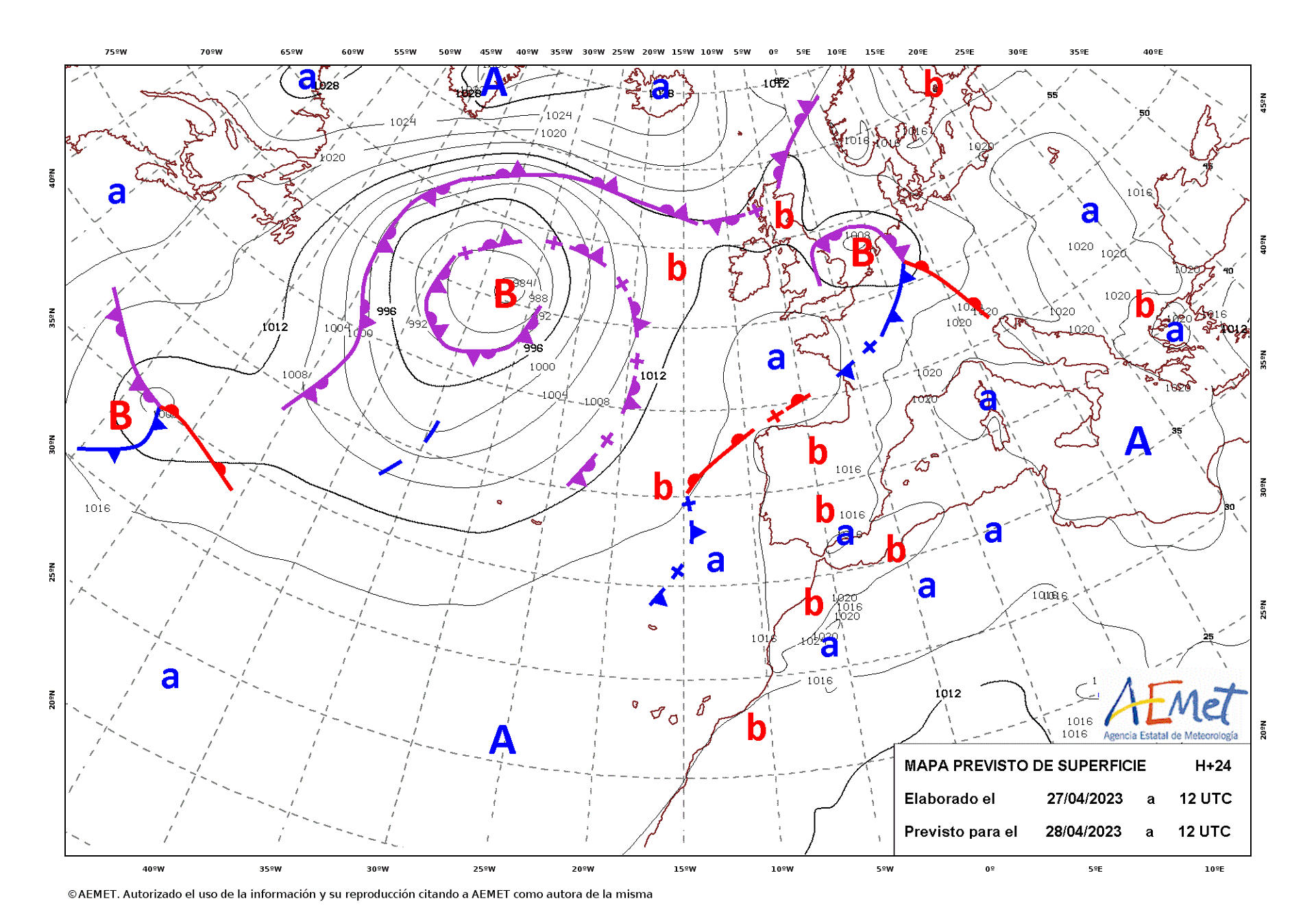 Mapa de isobaras facilitado por la Aemet previsto para el 28 de abril de 2023. EFE/ Aemet/SOLO USO EDITORIAL/SOLO DISPONIBLE PARA ILUSTRAR LA NOTICIA QUE ACOMPAÑA (CRÉDITO OBLIGATORIO)
