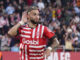 El delantero argentino del Girona FC Taty Castellanos celebra tras anotar el 3-0 durante el encuentro correspondiente a la jornada 31 de LaLiga Santander. EFE/ David Borrat