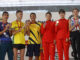 El italiano Francesco Fortunato y la china Jianyu Yang posan con sus medallas de oro junto al brasileño Caio Bonfim (segundo clasificado), el ecuatoriano David Hurtado ( tercer clasificado), tras el Gran Premio Internacional de Marcha celebrado este domingo en Madrid. EFE/ Juan Carlos Hidalgo