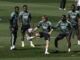 Los jugadores del Real Madrid, Luka Modric (c) , Rudiger (i)Vinicius Jr (2i), Mendy (2d) y Camavinga (d) durante el entrenamiento en la Ciudad Deportiva de Valdebebas, en una foto de archivo. EFE/ J.J.Guillen