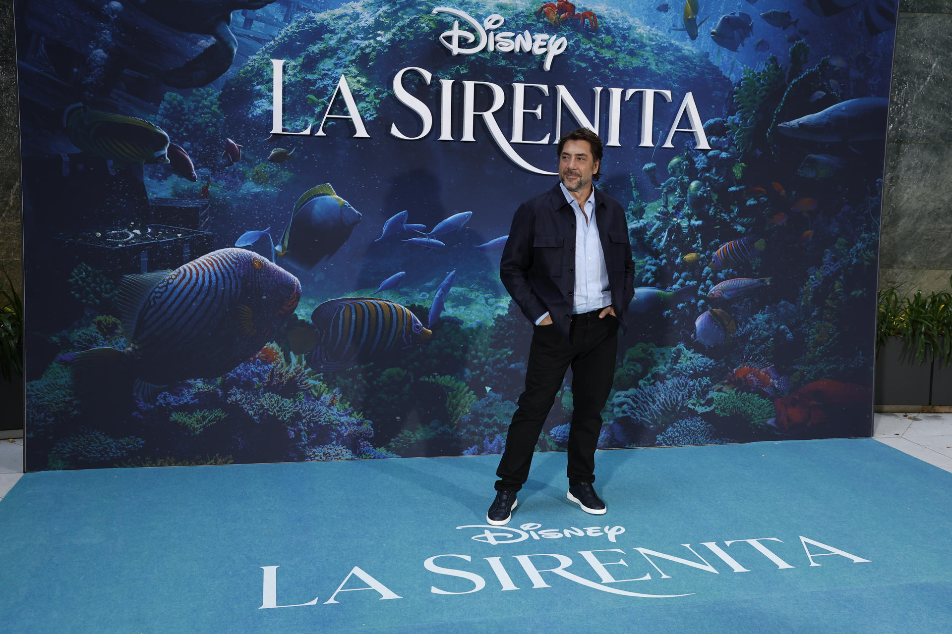 Javier Bardem, que interpreta al rey Tritón, durante la presentación de la nueva versión de "La sirenita" este jueves en  Madrid. EFE/ Chema Moya

