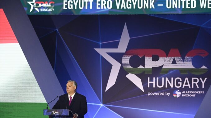 El primer ministro de Hungría, el ultranacionalista Viktor Orbán, en la Conferencia Política de Acción Conservadora (CPAC, por sus siglas en inglés) en Budapest. EFE/EPA/Szilard Koszticsak HUNGARY OUT
