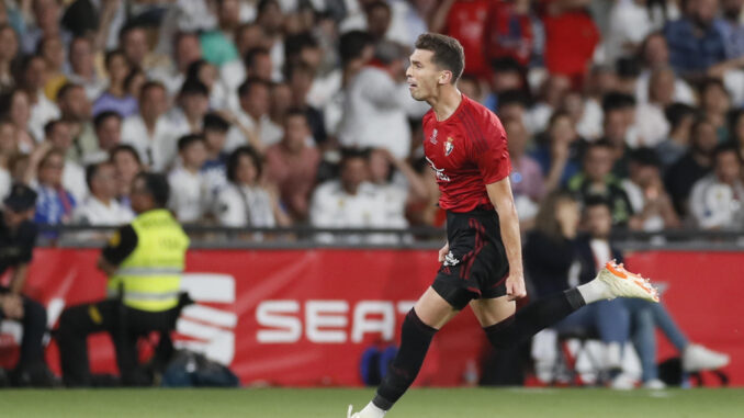 Lucas Torró Osasuna, centrocampista de Osasuna, celebra su gol durante la final de la Copa del Rey de fútbol entre  Real Madrid y Osasuna que disputaron en el estadio de La Cartuja, en Sevilla. EFE/ Jose Manuel Vidal
