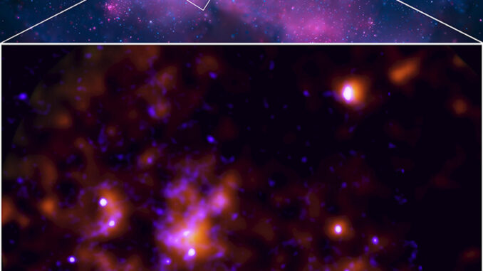Dos imágenes obtenidas con datos del telescopio IXPE y del observatorio Chandra que muestran la luz del centro de la galaxia. Crédito: © NASA/CXC/SAO/IXPE
