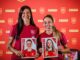 Jenni Hermoso (i) y Athenea del Castillo (D), jugadoras de la selección española de fútbol femenina, durante la presentación del álbum de cromos para el Mundial de Australia y Nueva Zelanda 2023.EFE/RFEF