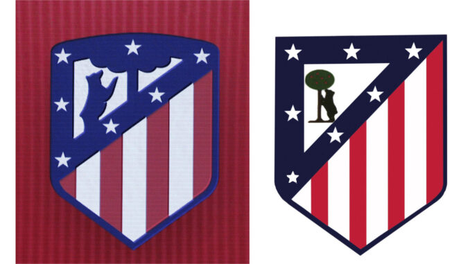 Combo con dos fotos del escudo del Atlético de Madrid. El que aparece en la fotografía de la izquierda, de fecha 9 de diciembre de 2016, fue presentado para la temporada 2017-18. EFE/Víctor Lerena
