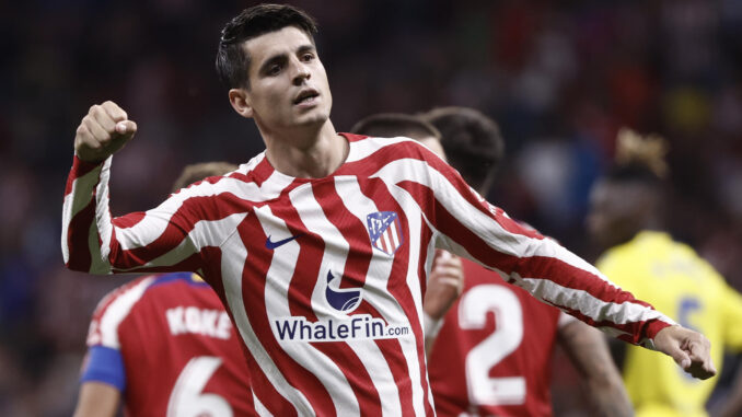 Morata celebra un gol en esta temporada con el Atlético de Madrid. EFE/Sergio Pérez
