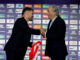 Javi Galán, lateral izquierdo del Celta de Vigo las últimas temporadas, junto al exfutbolista Francisco Javier Bermejo, durante su presentación como nuevo jugador del Atlético de Madrid en un acto celebrado el Auditorio del estadio Cívitas Metropolitano. EFE/ Chema Moya