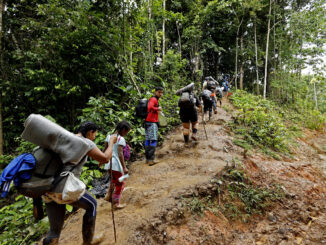 Migrantes venezolanos suben una montaña con la intención de llegar a Panamá, en el Tapón del Darién (Colombia), en una fotografía de archivo. EFE/Mauricio Dueñas Castañeda