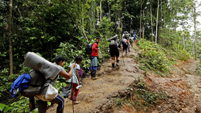 Migrantes venezolanos suben una montaña con la intención de llegar a Panamá, en el Tapón del Darién (Colombia), en una fotografía de archivo. EFE/Mauricio Dueñas Castañeda
