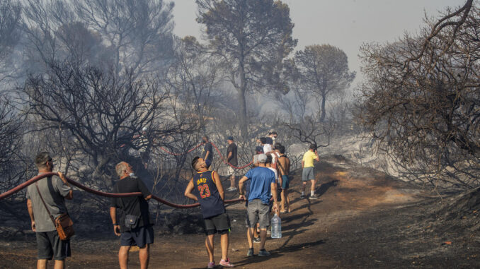 Vecinos y bomberos se afanan por apagar el incendio declarado esta tarde en el Paraje Natural de Las Canteras en Puerto Real (Cádiz).La AP-4, que une Cádiz con Sevilla, ha quedado cortada en ambos sentidos entre el kilómetro 104 y el 112 recomienda buscar vías alternativas, mientras que la circulación ferroviaria en este municipio está sufriendo retrasos. EFE/Román Ríos
