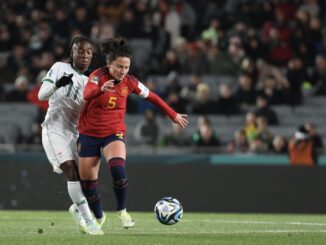 Imagen de Ivana Andres de España (R) durante el partido de fútbol del grupo C de la Copa Mundial Femenina de la FIFA. EFE/EPA/QUÉ JOVEN