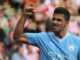 El centrocampista español del Manchester City Rodri celebra su gol al Sheffield United. EFE/EPA/ASH ALLEN