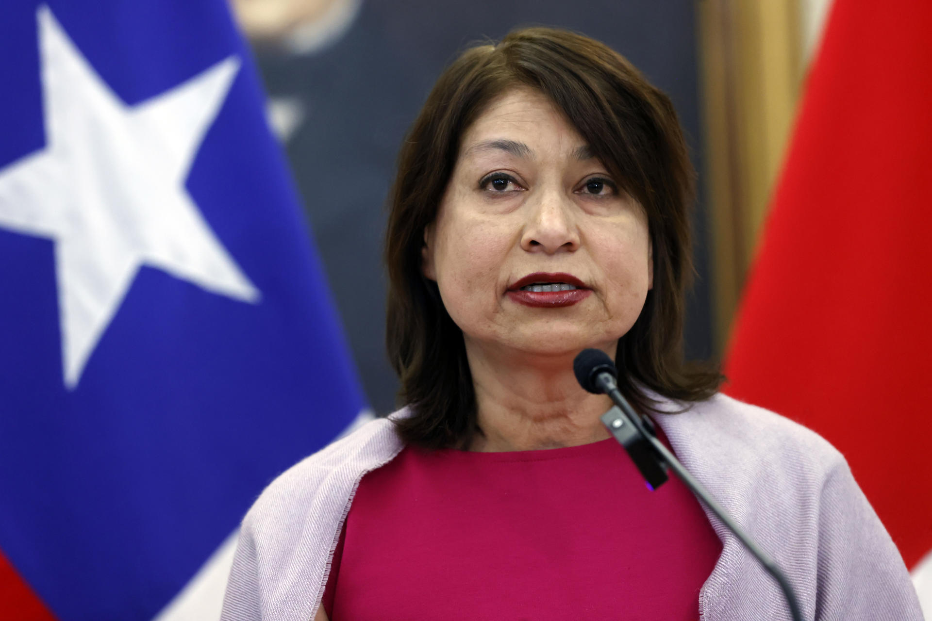 La ministra de Relaciones Exteriores del Perú, Ana Cecilia Gervasi, habla durante rueda de prensa en Santiago (Chile). EFE/ Elvis González
