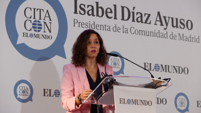 MADRID, 18/09/2023.- La presidenta de la comunidad de Madrid, Isabel Díaz Ayuso, protagoniza el desayuno informativo organizado por el diario "El Mundo" este lunes en Madrid. EFE/ Javier Lizón