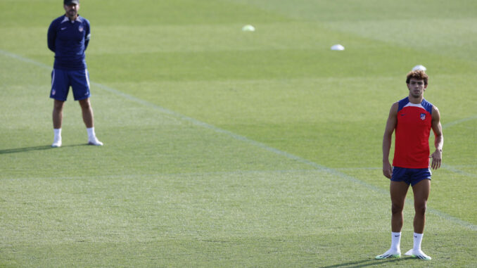 Foto de archivo del técnico del Atlético de Madrid, Diego Simeone (i), y el centrocampista portugués Joao Félix (d) durante un entrenamiento. EFE/Mariscal
