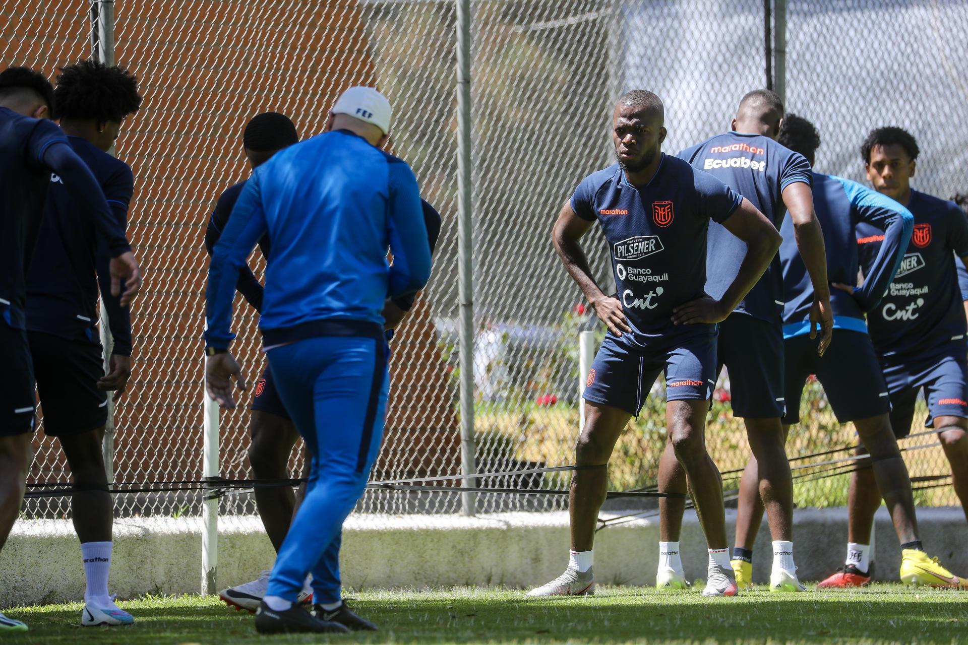 Enner Valencia (c-d) participa hoy junto a sus compañeros en un entrenamiento de la selección ecuatoriana de fútbol, en Quito (Ecuador). "La Tri" entrenó este lunes con miras al partido de eliminatorias en que enfrentará este martes como local a Uruguay. EFE/José Jácome
