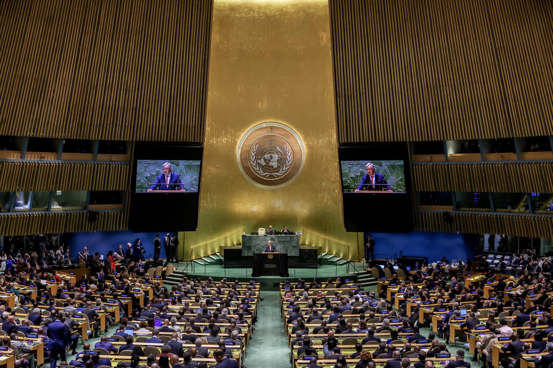 El secretario general de la ONU, António Guterres, habla en la apertura de la Asamblea General, este 19 de septiembre de 2023, en Nueva York. EFE/Justin Lane
