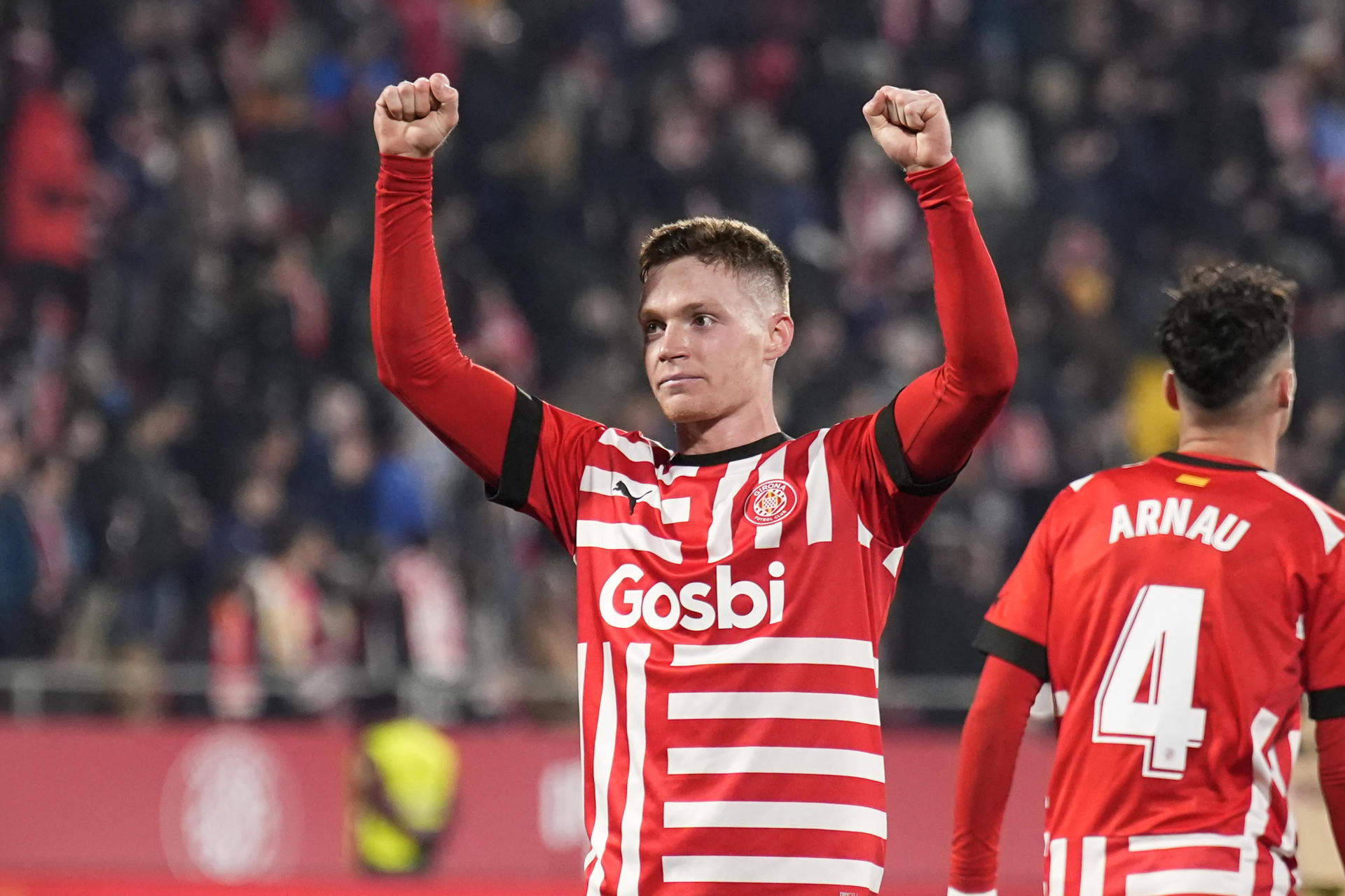 El centrocampista ucraniano del Girona FC Viktor Tsygankov celebra un gol. EFE/David Borrat.
