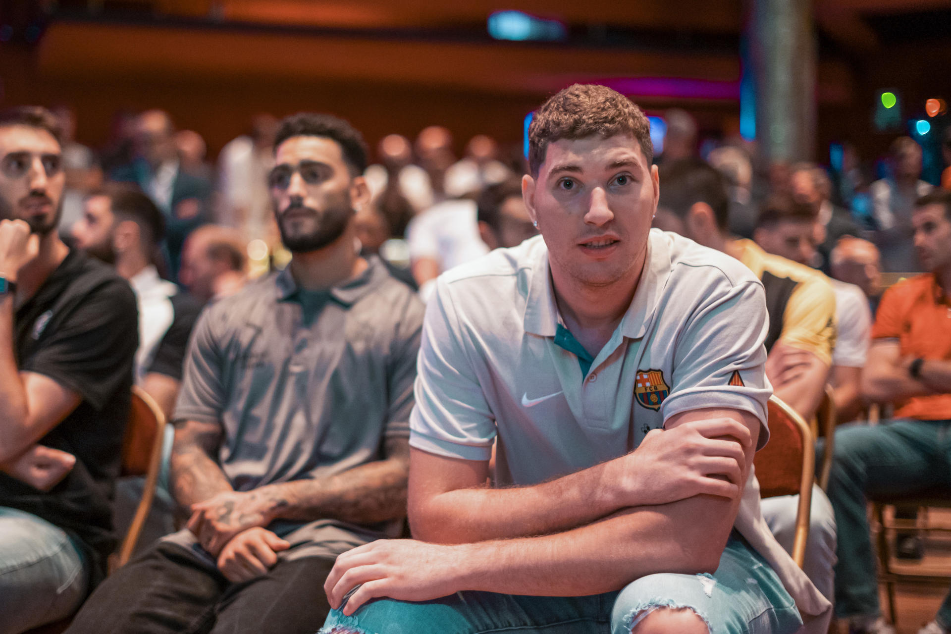 El jugador del Barça, Joel Parra, durante la presentación de la temporada 2023/24 de la Liga Endesa en un acto celebrado hoy miércoles en un conocido restaurante madrileño. EFE / Fernando Villar.
