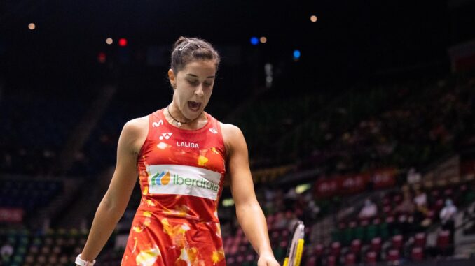 La española Carolina Marin en un momento del encuentro contra la alemana Yvonne Li. EFE/EPA/BERTHA WANG
