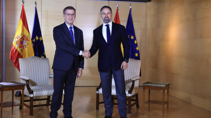 El líder del PP, Alberto Núñez Feijóo (i), durante la reunión mantenida con el presidente de Vox, Santiago Abascal, dentro sus conversaciones con dirigentes políticos para buscar apoyos a la investidura, este lunes en el Congreso. EFE/Zipi Aragón
