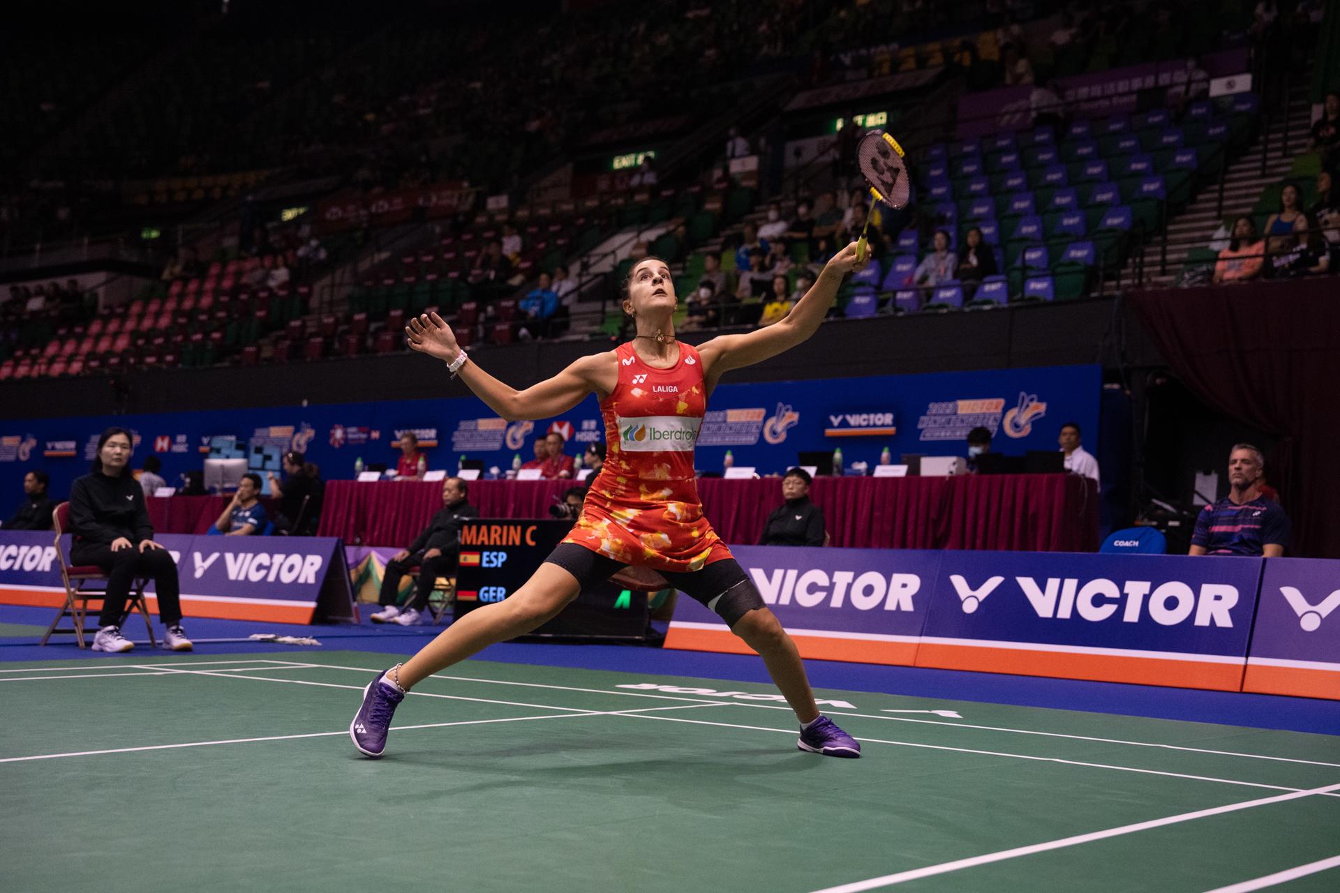 La española Carolina Marin en un momento del encuentro contra la alemana Yvonne Li. EFE/EPA/BERTHA WANG
