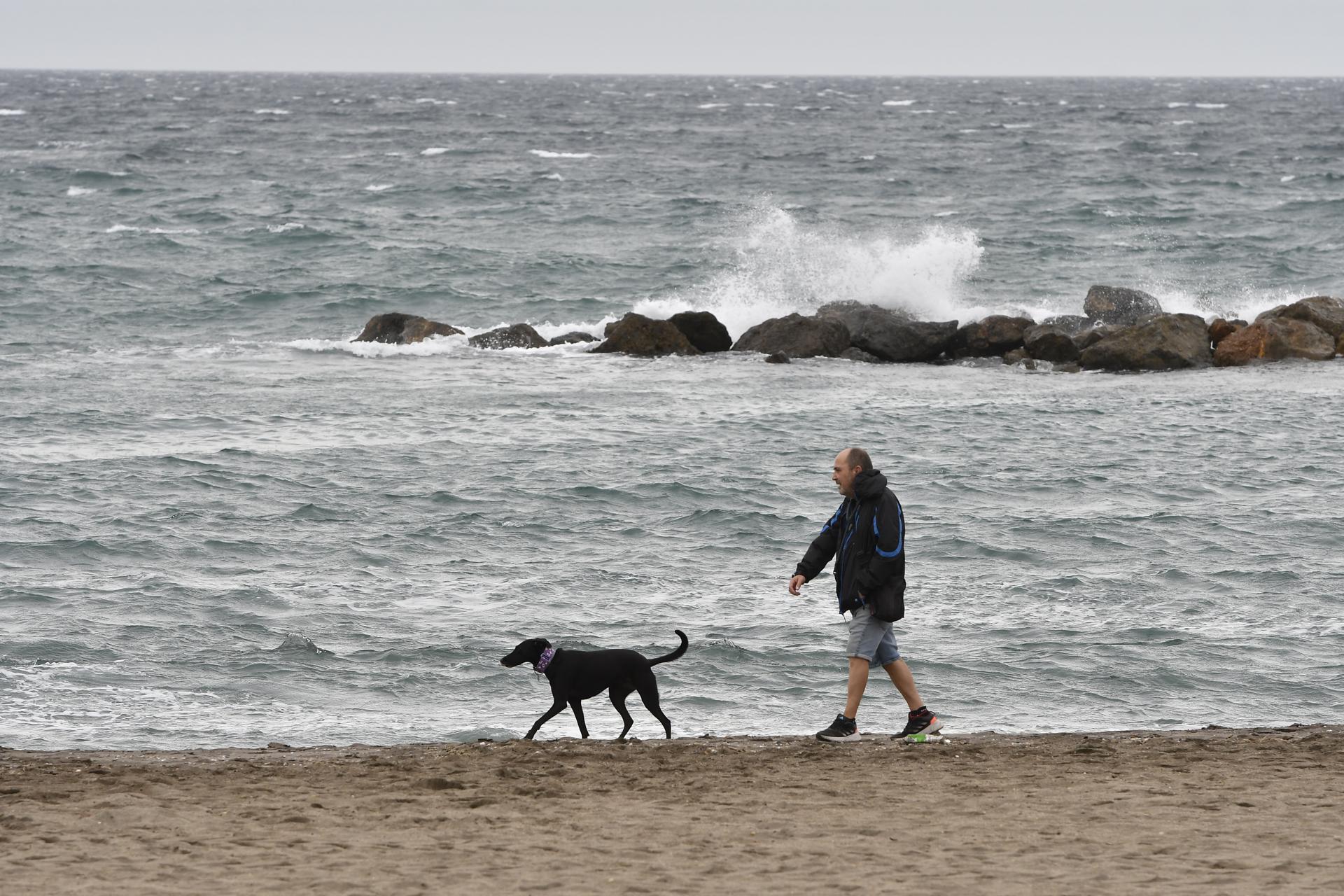 Una persona pasea con su perro por la playa de El Zapillo en Almería, este jueves. EFE/Carlos Barba
