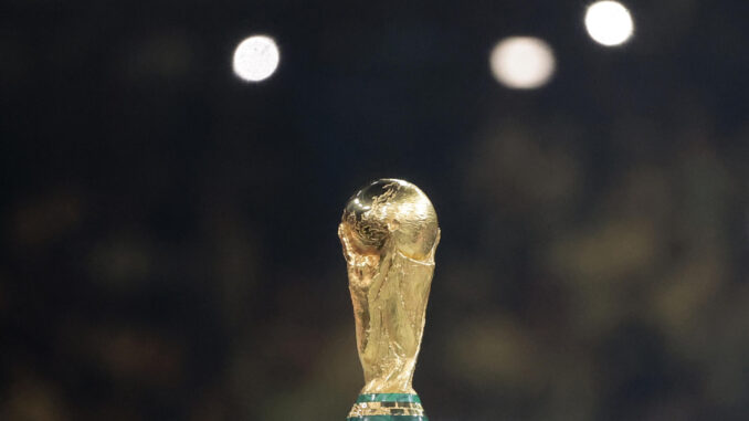 Fotografía del trofeo de la Copa del Mundo, en la final del Mundial de Fútbol Qatar 2022 entre Argentina y Francia en el estadio de Lusail (Catar). EFE/ Juan Ignacio Roncoroni
