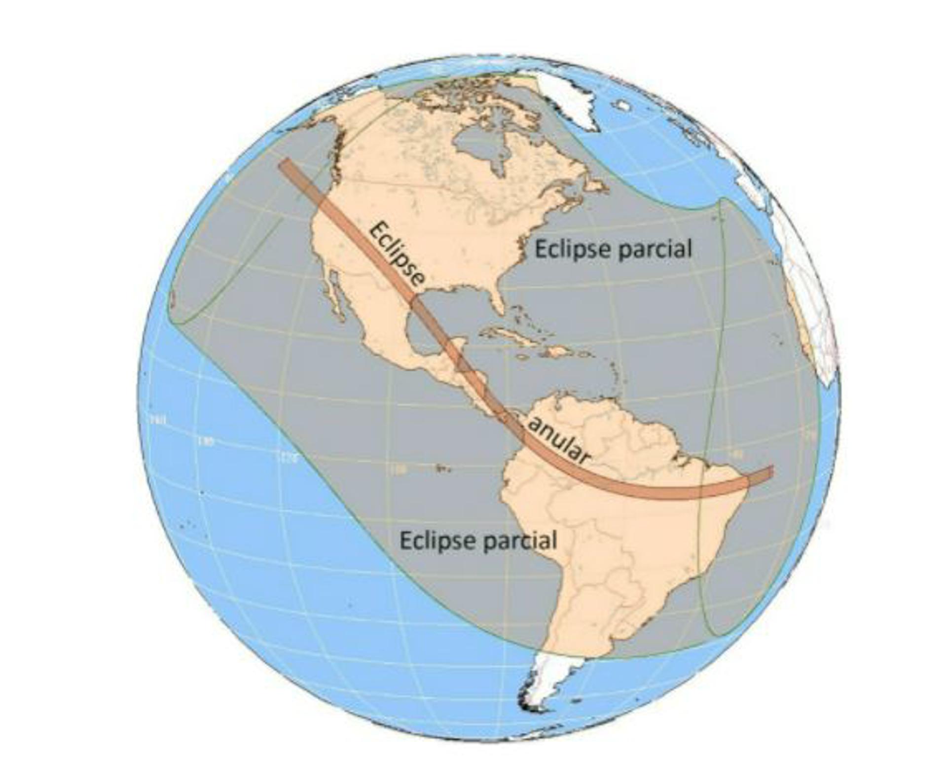 La franja de anularidad atravesará América de noroeste a sudeste, pasando por los siguientes países: Estados Unidos, México, Belice, Honduras, Nicaragua, Panamá, Colombia y Brasil. Crédito: OAN
