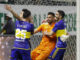 Sergio Romero (c) portero de Boca celebra al ganar la serie de penaltis hoy, en un partido de las semifinales de la Copa Libertadores entre Palmeiras y Boca Juniors en el estadio Allianz Parque en Sao Paulo (Brasil). EFE/ Sebastiao Moreira